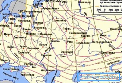 На карті вказані значення глибини промерзання для різних регіонів пострадянського простору (проміжні значення визначаються інтерполяцією) На карті вказані значення глибини промерзання для різних регіонів пострадянського простору (проміжні значення визначаються інтерполяцією)