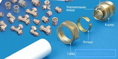 Обжимний фітінг в розібраному вигляді. Обжимний фітінг в розібраному вигляді.