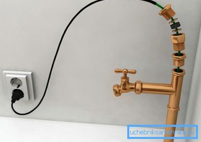 Підключення кабелю, що гріє для водопроводу відбувається до побутової мережі 220 В Підключення кабелю, що гріє для водопроводу відбувається до побутової мережі 220 В