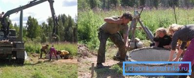 Установка першого бетонного кільця в шахту Установка першого бетонного кільця в шахту